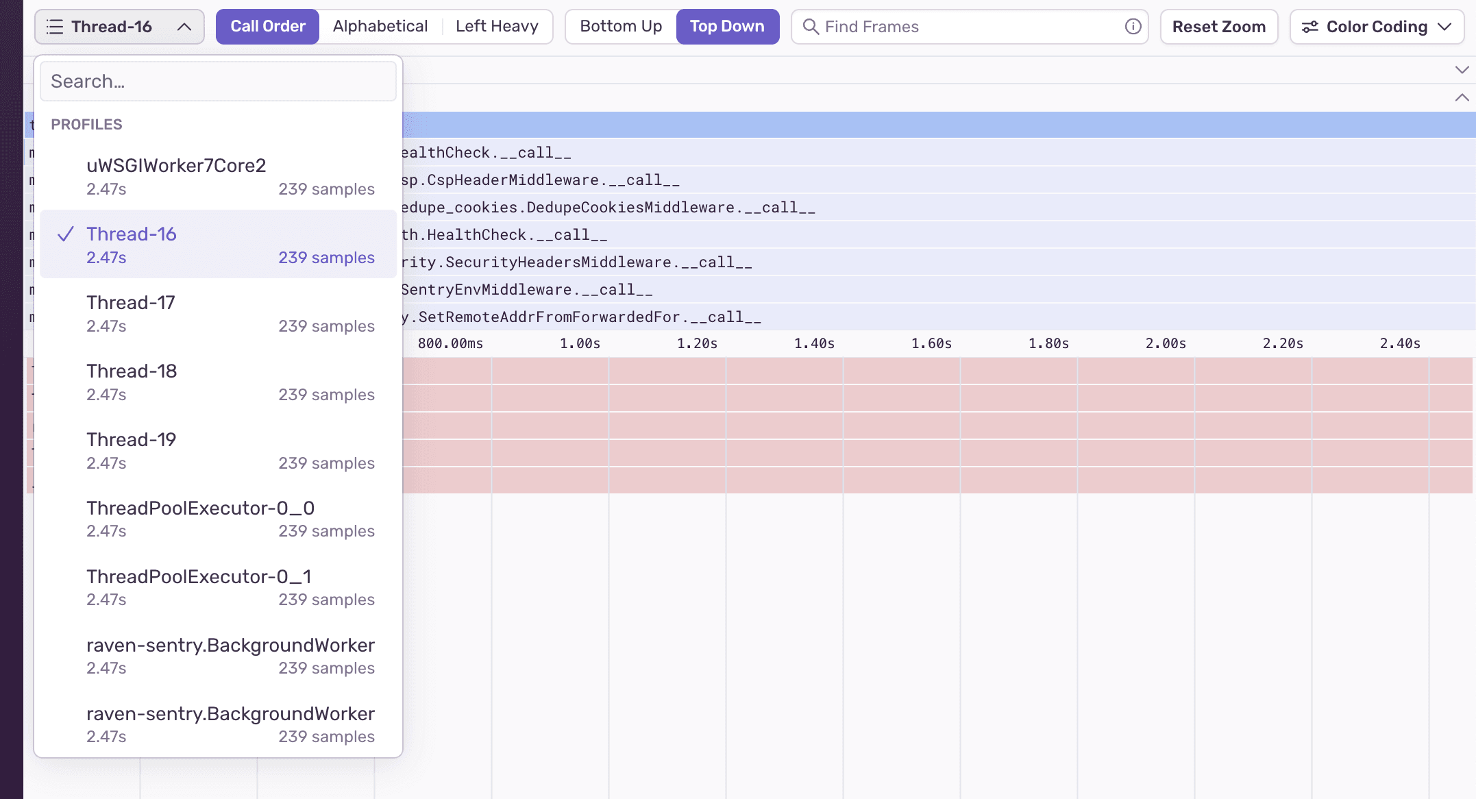 Profiling flame graph thread selector